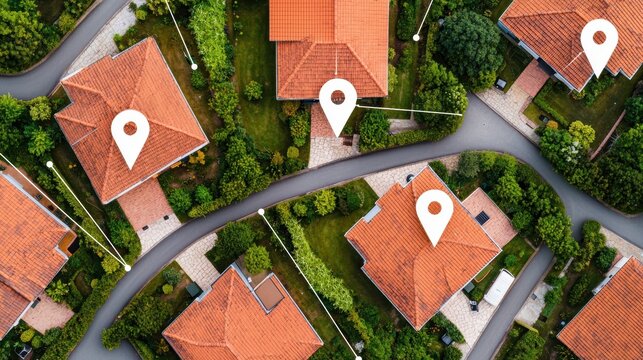 Aerial view of a residential neighborhood with location pins on houses. Concept of real estate, property, and location.