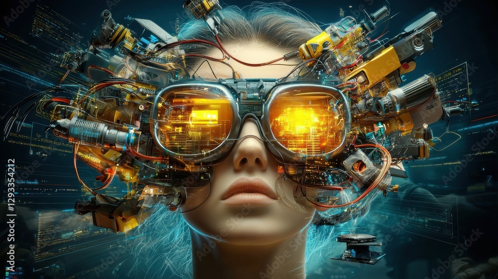 Poster futuristic cyborg wearing virtual reality goggles with advanced digital interface and surreal imagin