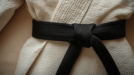Close-up of a karate black belt tied over a gi.
