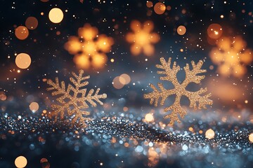 Glittering snowflakes, bokeh lights, festive background, holiday card