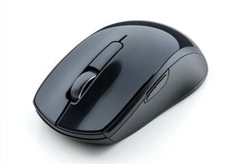 Black computer mouse with scroll wheel on white background. AI image