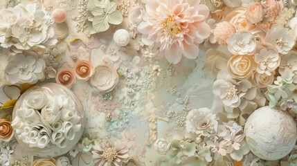 A textured collage of flowers and rounded objects, arranged in a dense and layered format.