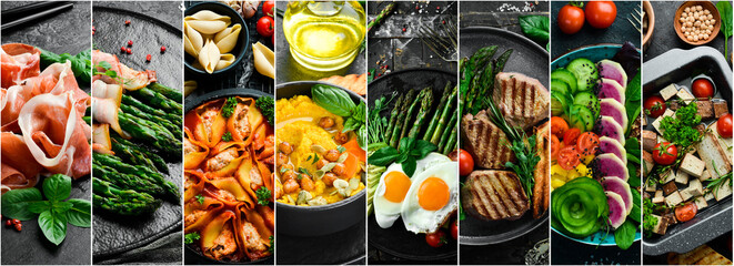 Food and dishes in plates. Healthy food. on a dark stone background. Photo collage, banner from photos.