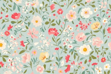 Vibrant Floral Pattern with Colorful Blooms on Light Blue Background