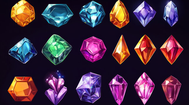 Gem icon set for match 3 game diamond and jewel cartoon vector illustration set. Ruby stone, sapphire, amethyst and crystal button for fantasy app. Square treasure collection for bright interface