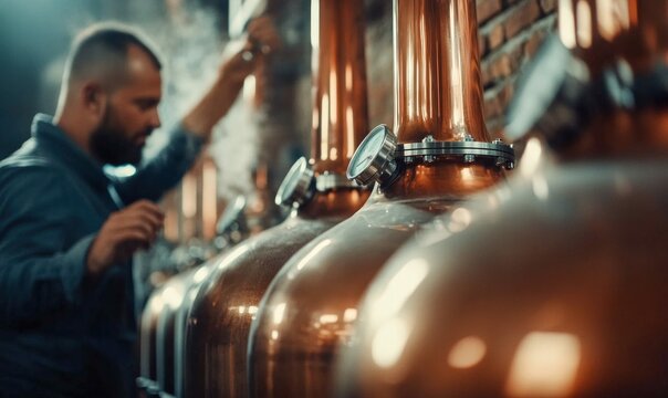 Micro-Distillery in Operation with Copper Stills and Distiller at Work