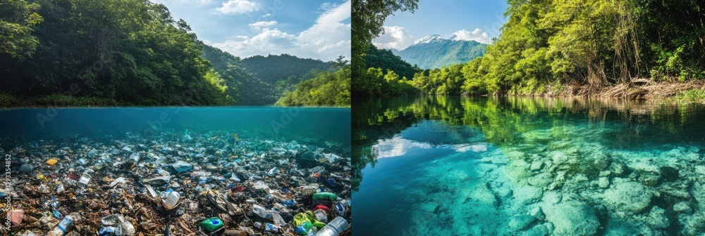 Poster environmental contrast highlights the stark difference between polluted rivers and pristine streams 