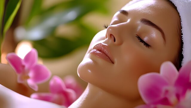 A woman relaxing in a serene setting, surrounded by pink orchids, with her eyes closed and a peaceful expression. Concept Serene Relaxation, Pink Orchids, Peaceful Expression, Nature Escape