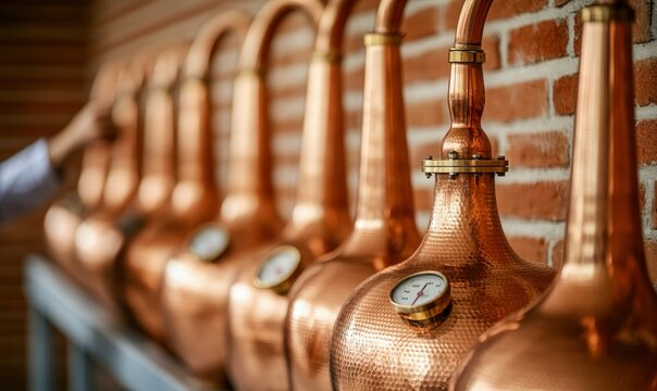 Micro-Distillery in Operation with Copper Stills and Distiller at Work