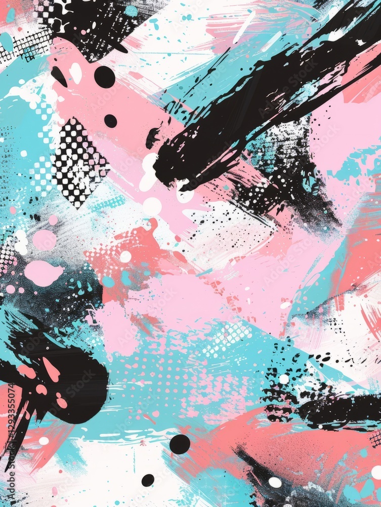 Poster an abstract composition with freeform brushstrokes and splashes of paint.