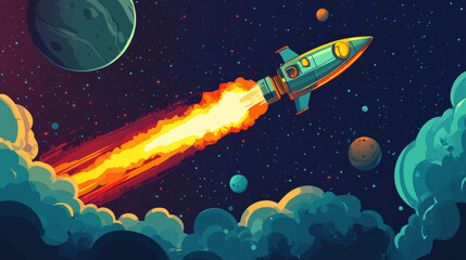 Fototapeta premium Cartoon spacecraft launch into outer space. Vector illustration of rocket or alien UFO starting from planet surface with fire trail and clouds of white smoke. Cosmic vehicle flying in dark starry sky