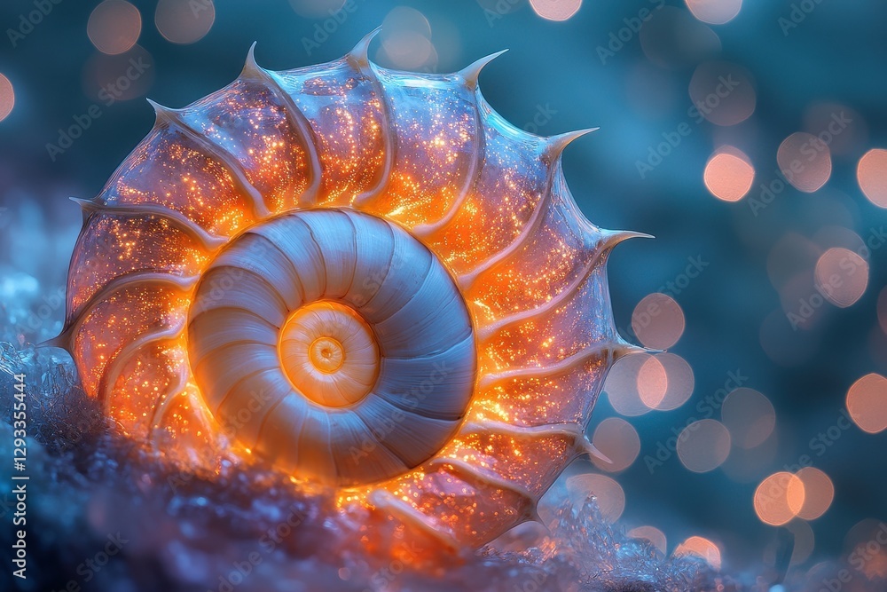 Poster spiral shell illuminated in a dreamy underwater setting with shimmering lights and soft focus effect
