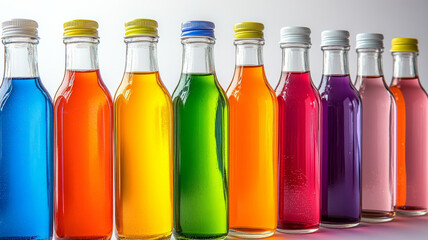 Row of colorful glass bottles filled with different liquids