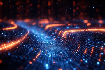 Fototapeta premium Colorful abstract waves of light create a mesmerizing digital landscape filled with glowing particles