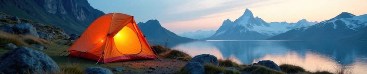 Bright kids camping tent pitched amongst Norwegian peaks, travel, kid, gear