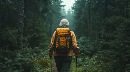 Senior woman with backpack hikes in dark green forest. Older woman walking on a path. Nature trekking with sticks. Active lifestyle outdoor.