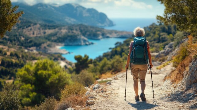 Woman hiking. Back view. Coastal trail. Nature walk. Active senior. Backpack and poles. Sea and mountains. Summer day. Outdoor adventure. - Powered by Adobe