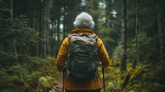 Senior woman hiking. Back view of lady with backpack. Forest trail. Nature walk. Old person travels. Adventure trip. Active lifestyle. Elderly hiker.