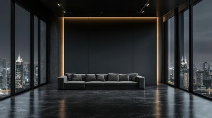 Modern dark apartment interior with panoramic city view at night.