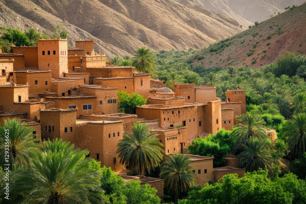 Aufkleber exploring ancient mud brick architecture amidst lush palm trees in a mountainous oasis landscape. ge