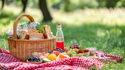 Wicker basket with rolled red blanket and food and drinks for picnic in park. Cartoon ready-to-eat meals and accessories for outdoor lunch - sandwich and bread, fruits and berries, water in bottle.