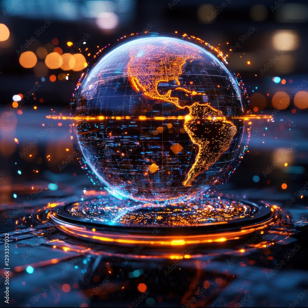 Poster glowing digital globe representing worldwide connectivity technological advancements and the power o