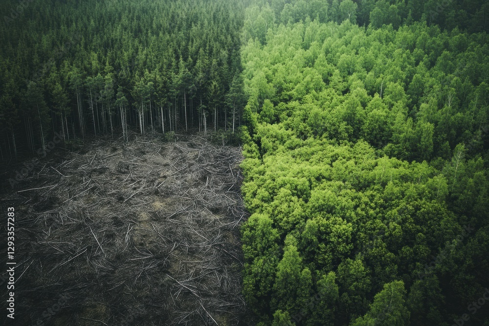 Poster Contrast of deforested land with barren trees and thriving green forest emphasizing the need for nature conservation efforts. Generative AI