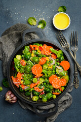 Grilled vegetables in a frying pan. Close up. Organic food.