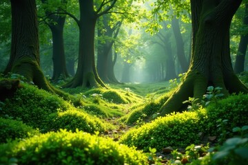 Emerald moss carpet, ancient trees, dappled sunlight, organic, autumn, summer