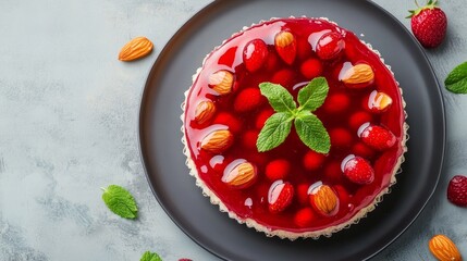 Strawberry Jelly Cake with Almond Topping and Mint Decoration &ndash; Top View