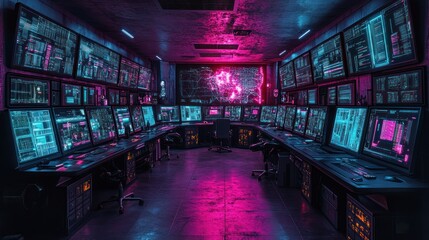 Futuristic server room with glowing screens