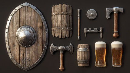 Fototapeta premium Viking game shield and fantasy rpg ui icon vector. Magic medieval weapon set for war. Ancient app interface design with stone and wood props asset illustration. Beer, horn and Thor hammer elements