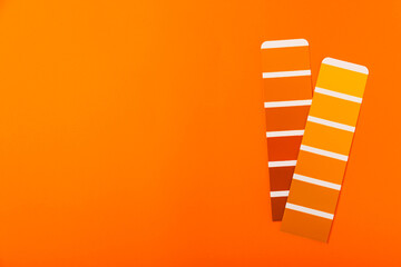 Color palette on a bright colored background. Color palette guide. paper catalog of rainbow color. creative.Palette, samples of trending colors. Color swatches. Decor and interior designer. Top view.