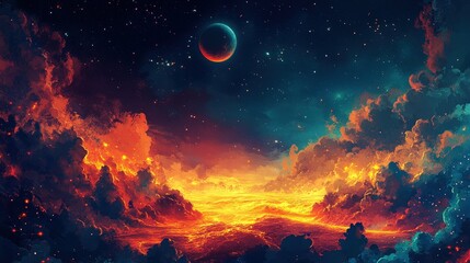 A vivid digital explosion bursts in fiery hues of orange and yellow, capturing the boundless beauty and mystery of the cosmos in intricate detail