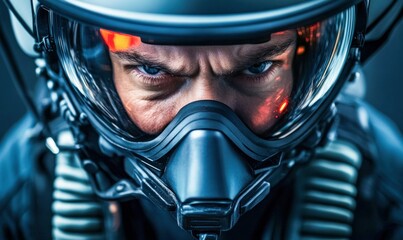 Fighter Pilot Portrait with Full Gear and Focused Expression of Resilience