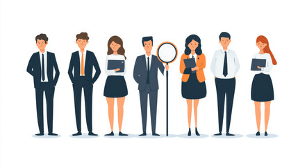 Ways to find employees to business. Concept of search and hire staff for company. Vector landing page of recruit and choice candidate for job with isometric illustration of people data and cv