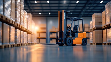 A forklift is positioned between stacked pallets in a spacious warehouse, illuminated by soft lighting.cargo management warehouse scheduling