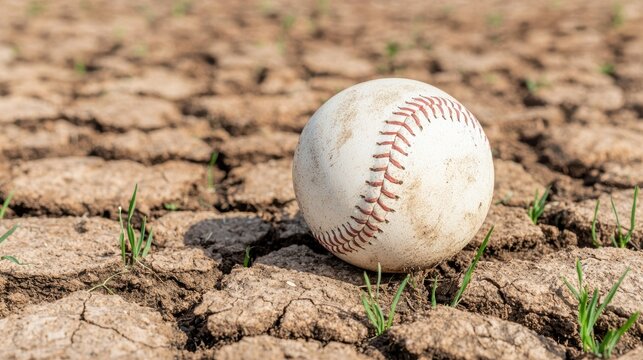 Baseball on cracked earth with sprouts. Concept of hope, new beginnings, or sports during challenging times.