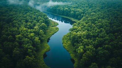 A serene river winding through lush forests.