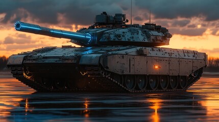 Futuristic Tank on Frozen Lake at Sunset