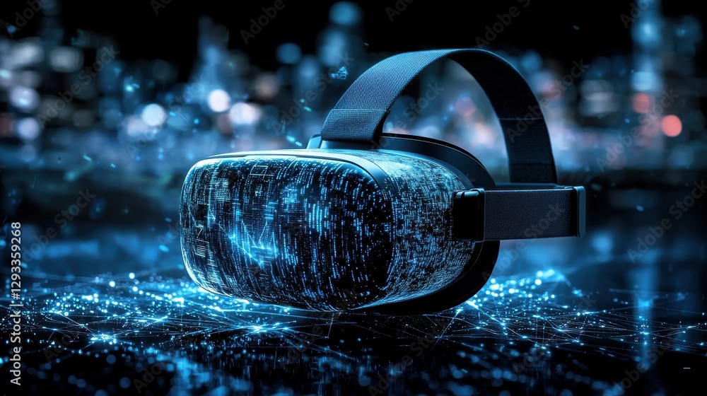 Poster a close up view of a virtual reality headset completely immersed in a futuristic surreal digital cyb