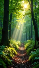Obraz premium Sunlight streams through leaves, illuminating mossy forest path, landscape, leaves