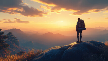 A backpacker standing on top of a mountain peak at sunrise, overlooking a breathtaking landscape