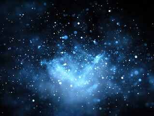 Obraz premium Otherworldly abstract digital background with shimmering blue particles and twinkling stars, featuring a central human head shape formation, scattered light spots on a dark black canvas