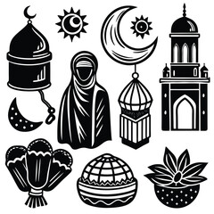 Obraz premium Hand-Drawn Ramadan Kareem Icons: Islamic Holiday Design Set vector art