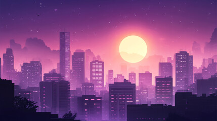 Fototapeta premium Parallax background sunset city skyline architecture near waterfront, modern megapolis with buildings skyscrapers under purple sky 2d separated layers for game animation, Cartoon vector illustration