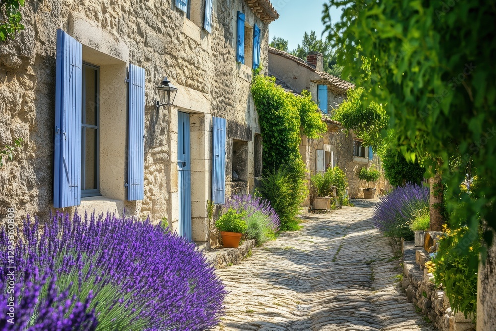 Poster charming cobblestone path lined with lavender and quaint houses in a serene countryside village duri