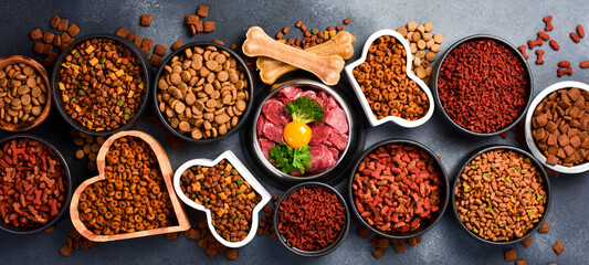 A large selection of food for dogs and cats. Top view. A type of nutritious food.