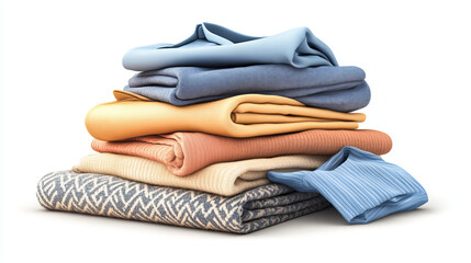 Clean washed clothes, realistic apparel piles, laundry clothing stacks. Isolated fresh ironed garment heaps, shirts, linen, towels or sweaters textile graphic elements, 3d vector illustration, set