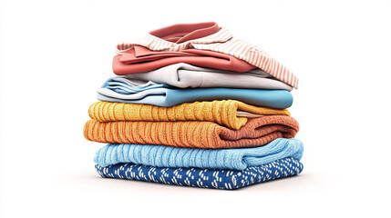 Clean washed clothes, realistic apparel piles, laundry clothing stacks. Isolated fresh ironed garment heaps, shirts, linen, towels or sweaters textile graphic elements, 3d vector illustration, set